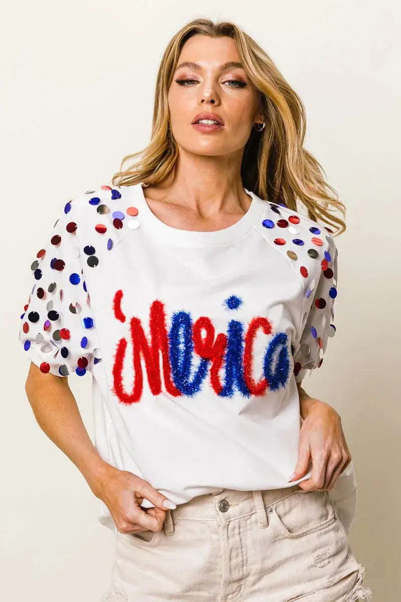 BiBi Metallic Letter Spangle Raglan Puff Sleeve Top - Love Salve 