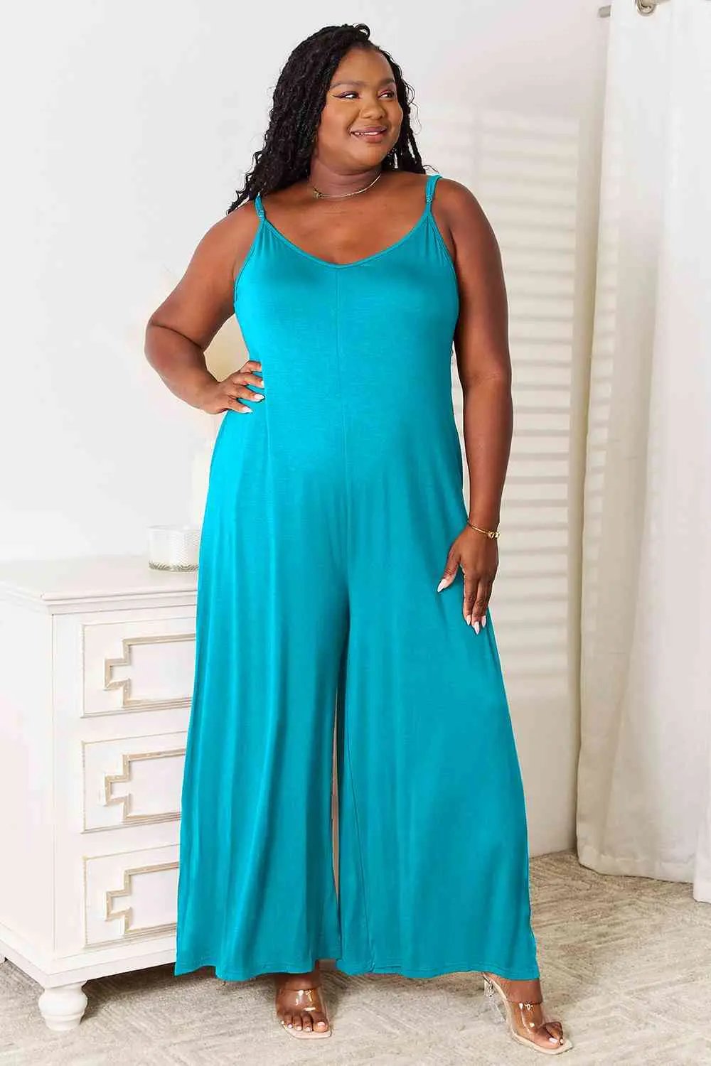 Double Take Full Size Soft Rayon Spaghetti Strap Tied Wide Leg Jumpsuit - Love Salve