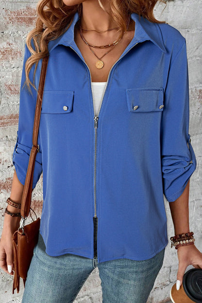 Dusk Blue Zip-Up Jacket with Tab Sleeves and Flap Detail