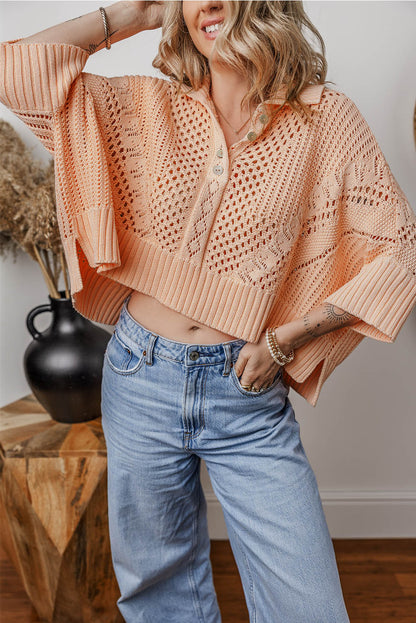 Apricot Blush Open Knit Collared Dolman Sleeve Sweater