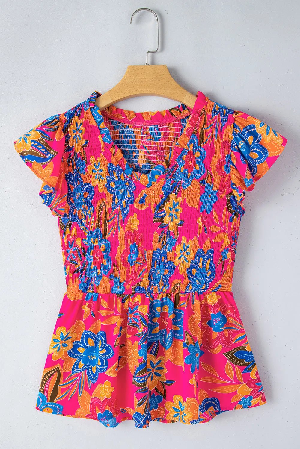 Zaniyah Floral Smocked Ruffle Trim Flutter Sleeve Blouse - Love Salve 