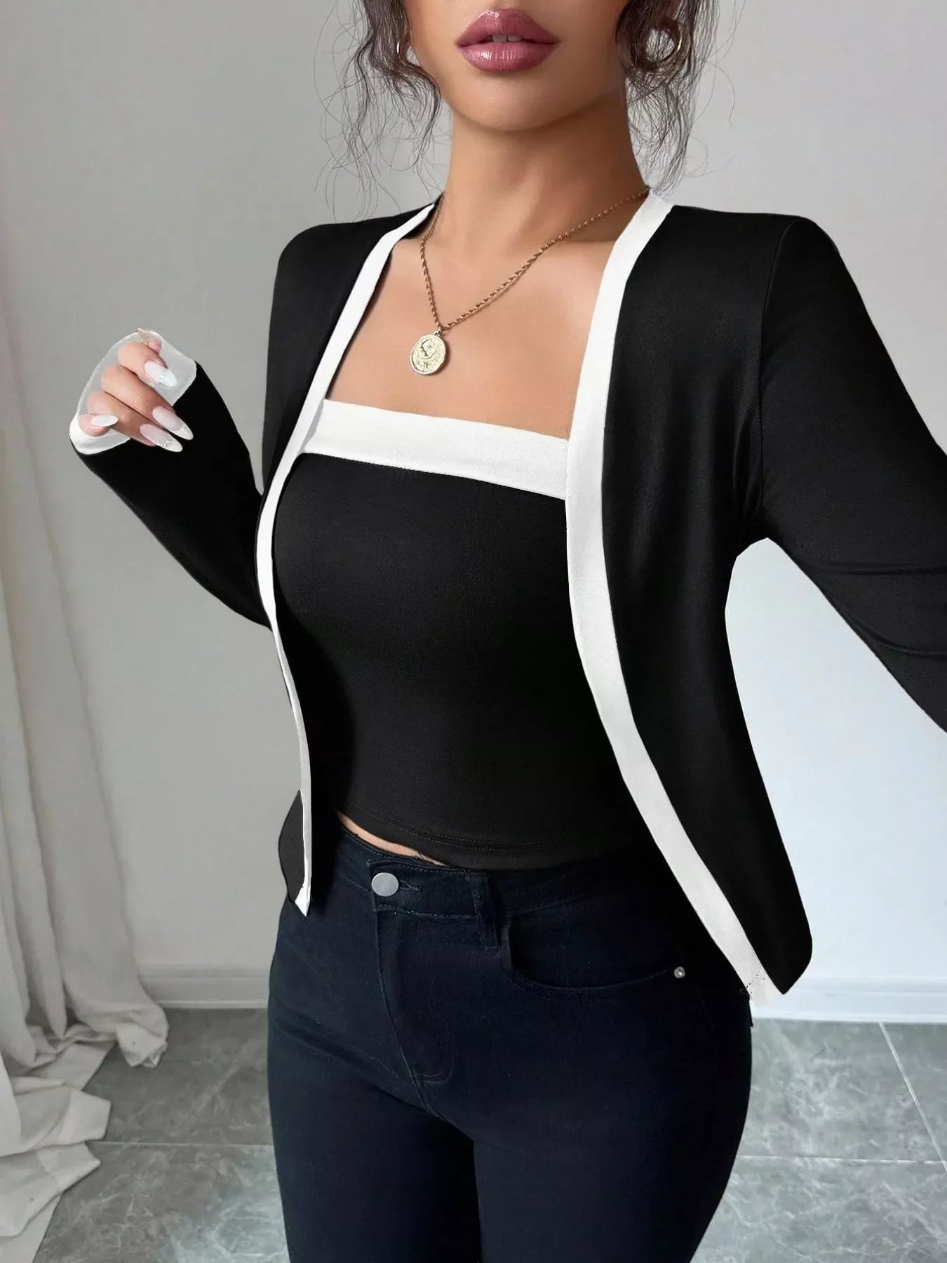 Contrast Trim Cardigan & Tank Top Set Simply Love