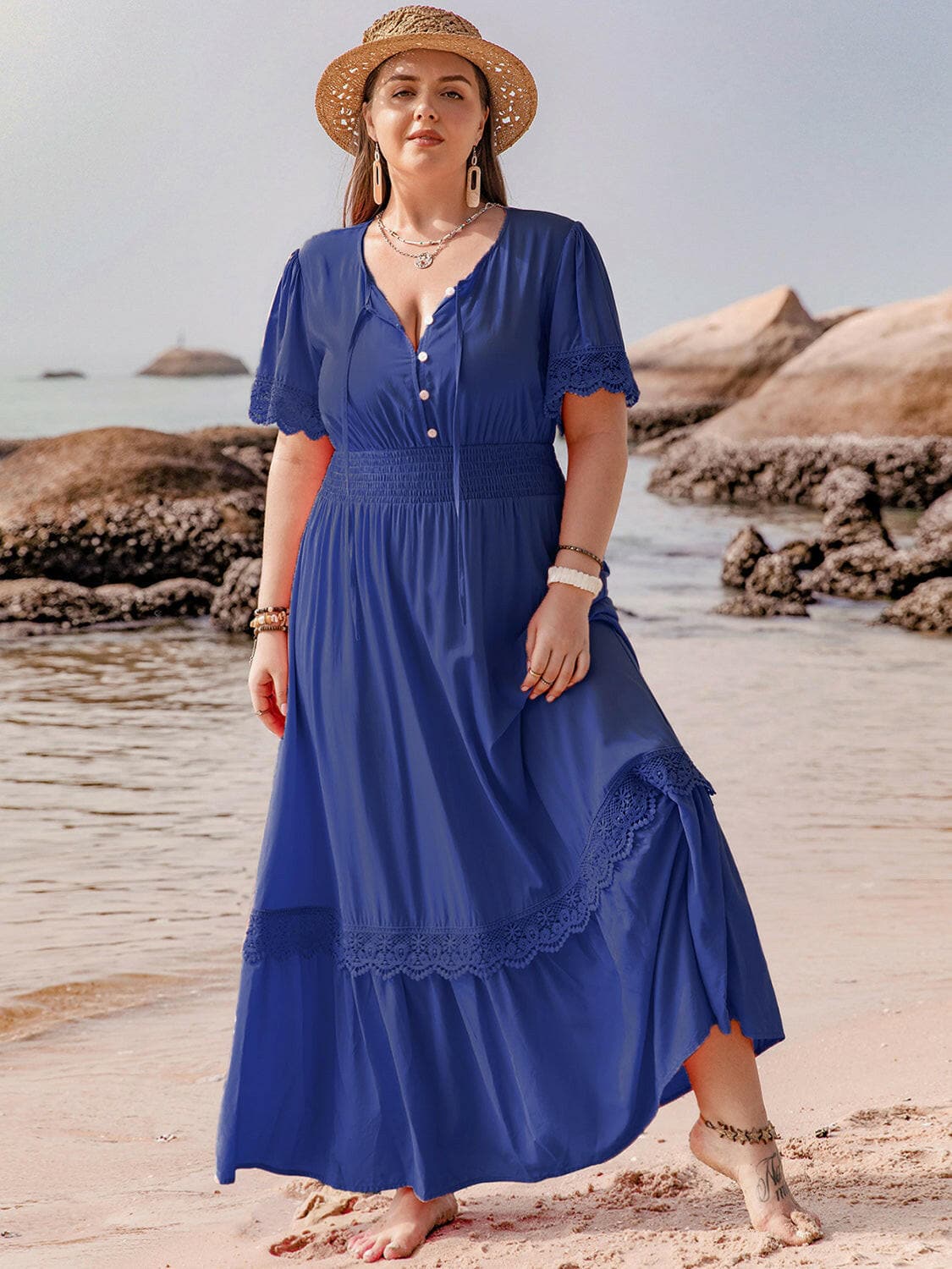 Plus Size Lace Detail Tie Neck Short Sleeve Maxi DressPlus Size Lace Detail Tie Neck Short Sleeve Maxi Dress
 Indulge in elegance with our Plus Size Lace Detail Tie Neck Short Sleeve Maxi Dress. Perfect for any special Love Salve Size Lace Detail Tie Neck Short Sleeve Maxi DressMaxi Dresses