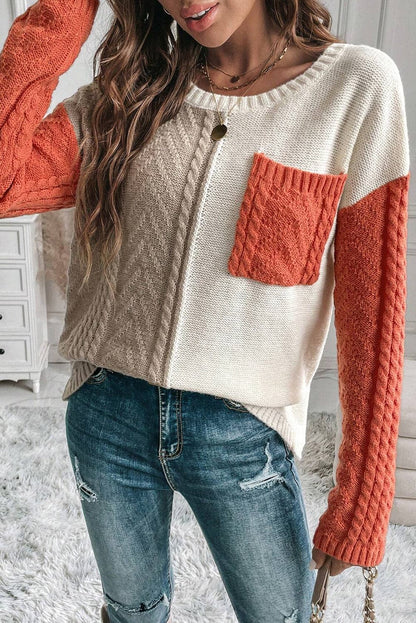 Color Block Round Neck Long Sleeve Sweater.