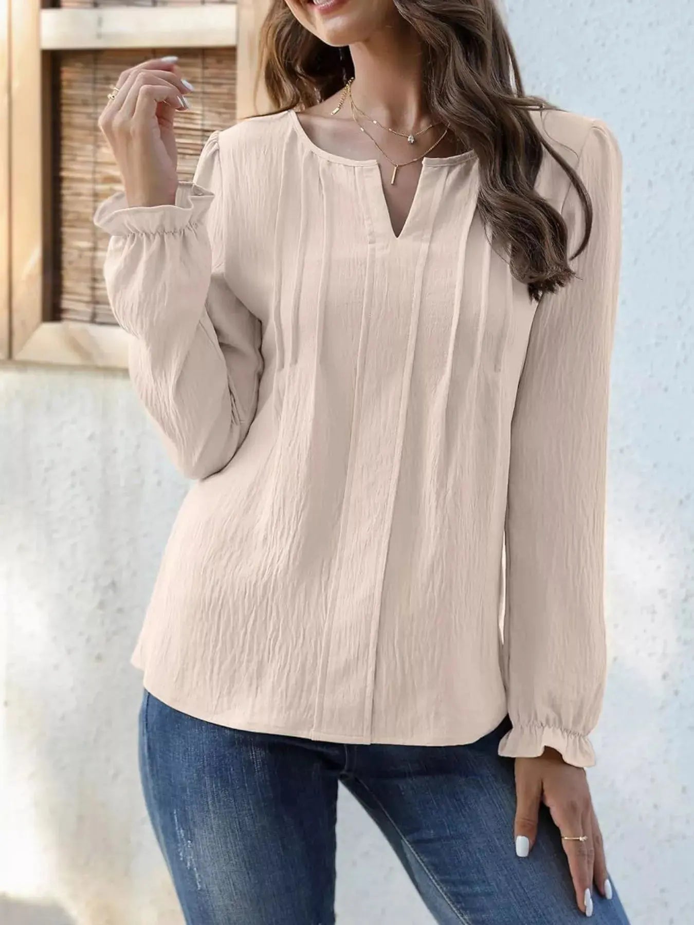 Notched Ruffle Cuff Blouse Simply Love
