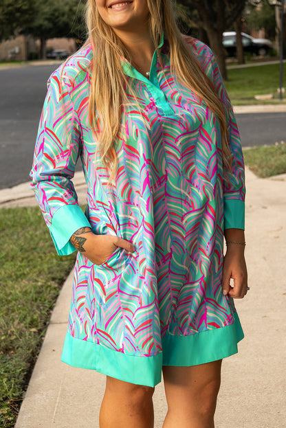 Chic green palm print plus size long sleeve shift dress