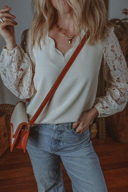 Lace-Embellished V-Neck Blouse with Balloon Sleeves