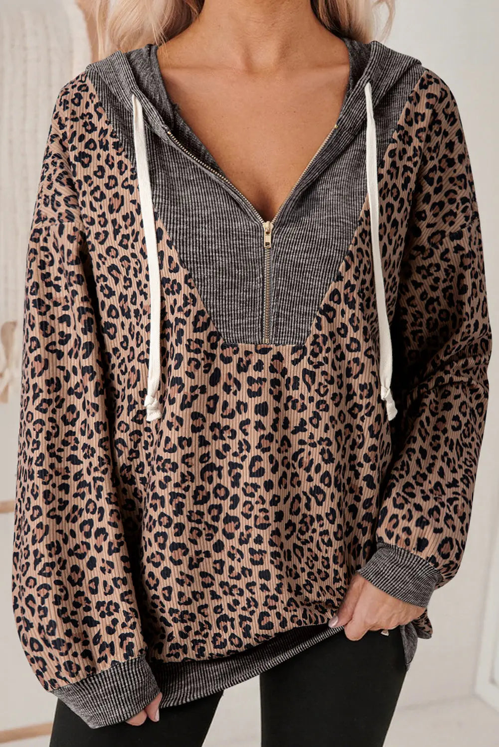 Khaki Ribbed Leopard Print Contrast Collar Zip Hooded Pullover Sweatshirt Dear-Lover Dropshipping