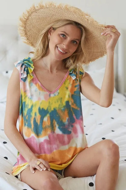 BiBi Circular Tie Dye Knit V Neck Top With Ruffle - Love Salve 