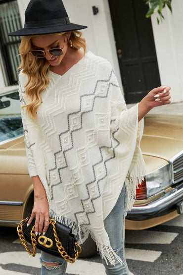 Pearl Trim V-Neck Fringe Hem Poncho.