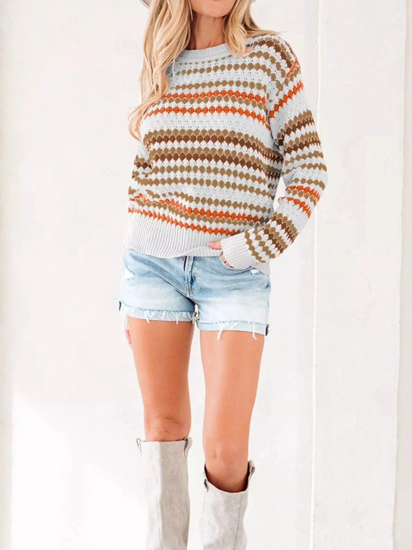 Stripe Eyelet Patterned Drop Shoulder Sweater Simply Love