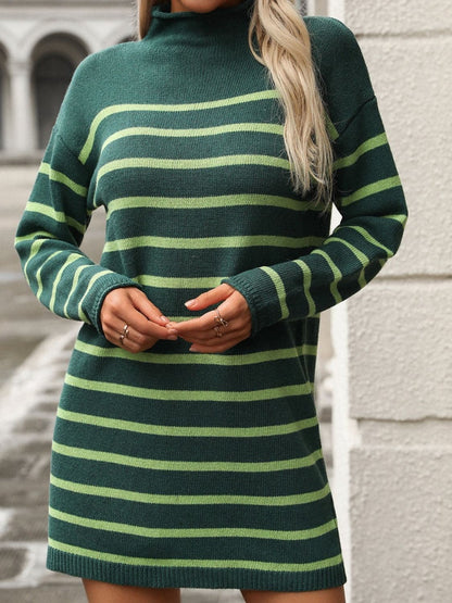 Striped Mock Neck Long Sleeve Mini Dress.