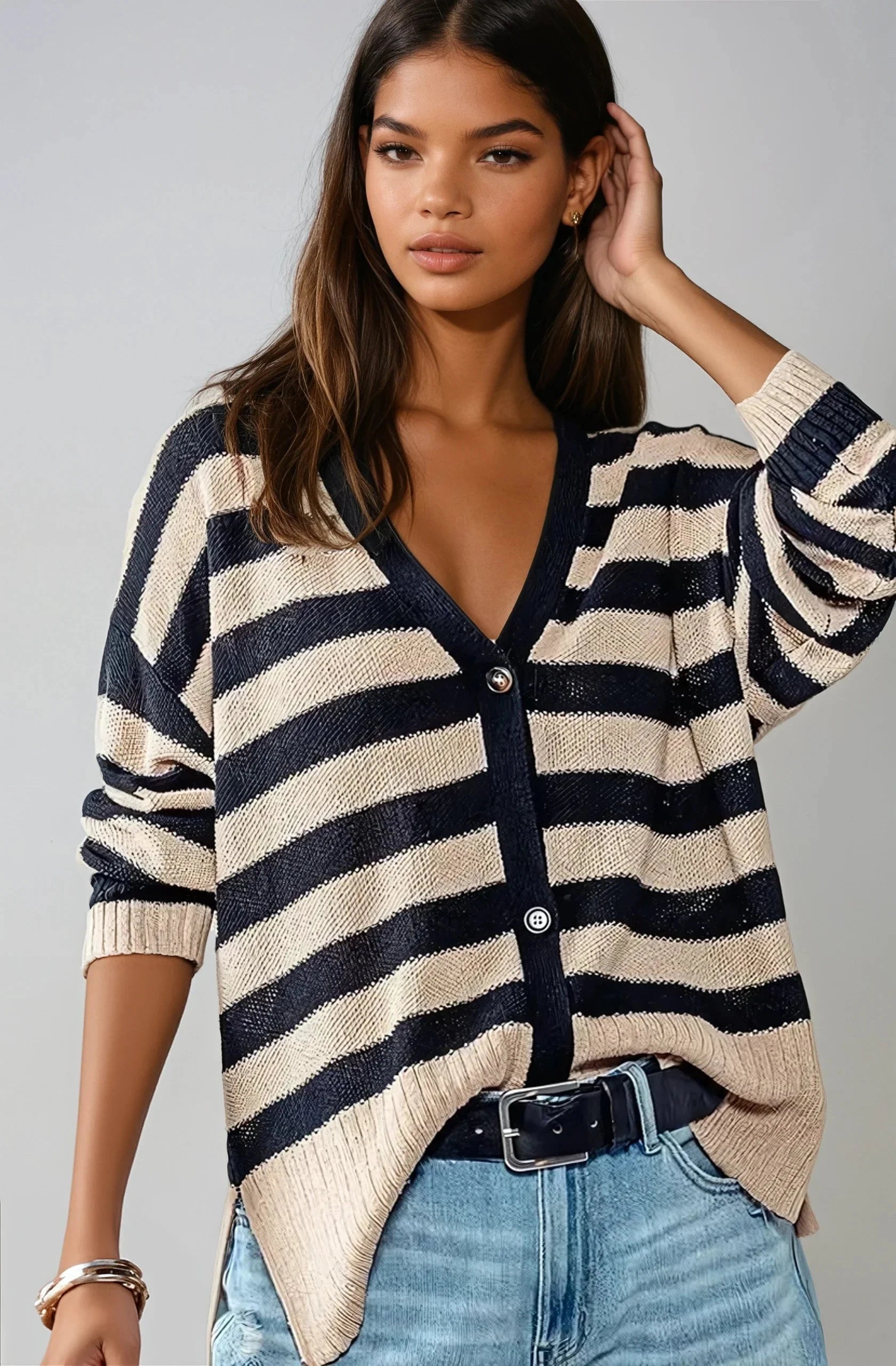 Coastal Muse Striped Knit Cardigan Navy Cream Oversized Fitkitty Culture Athleisure Wear, Yoga Wear & Women's Clothing