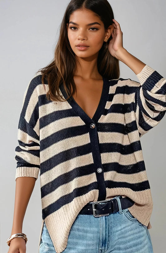 Coastal Muse Striped Knit Cardigan Navy Cream Oversized Fitkitty Culture Athleisure Wear, Yoga Wear & Women's Clothing
