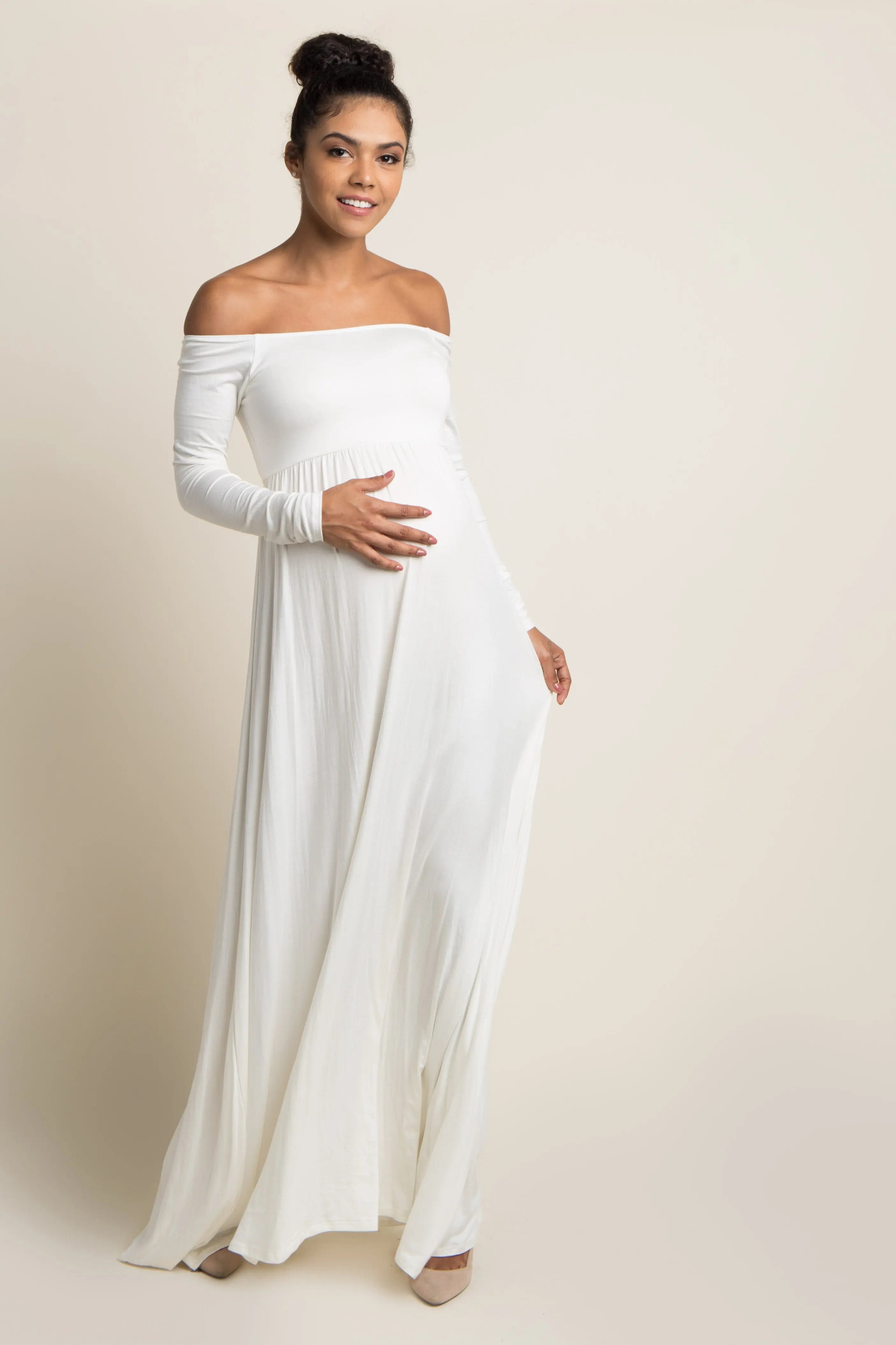 PinkBlush Tall Ivory Solid Off Shoulder Maternity Maxi Dress PinkBlush