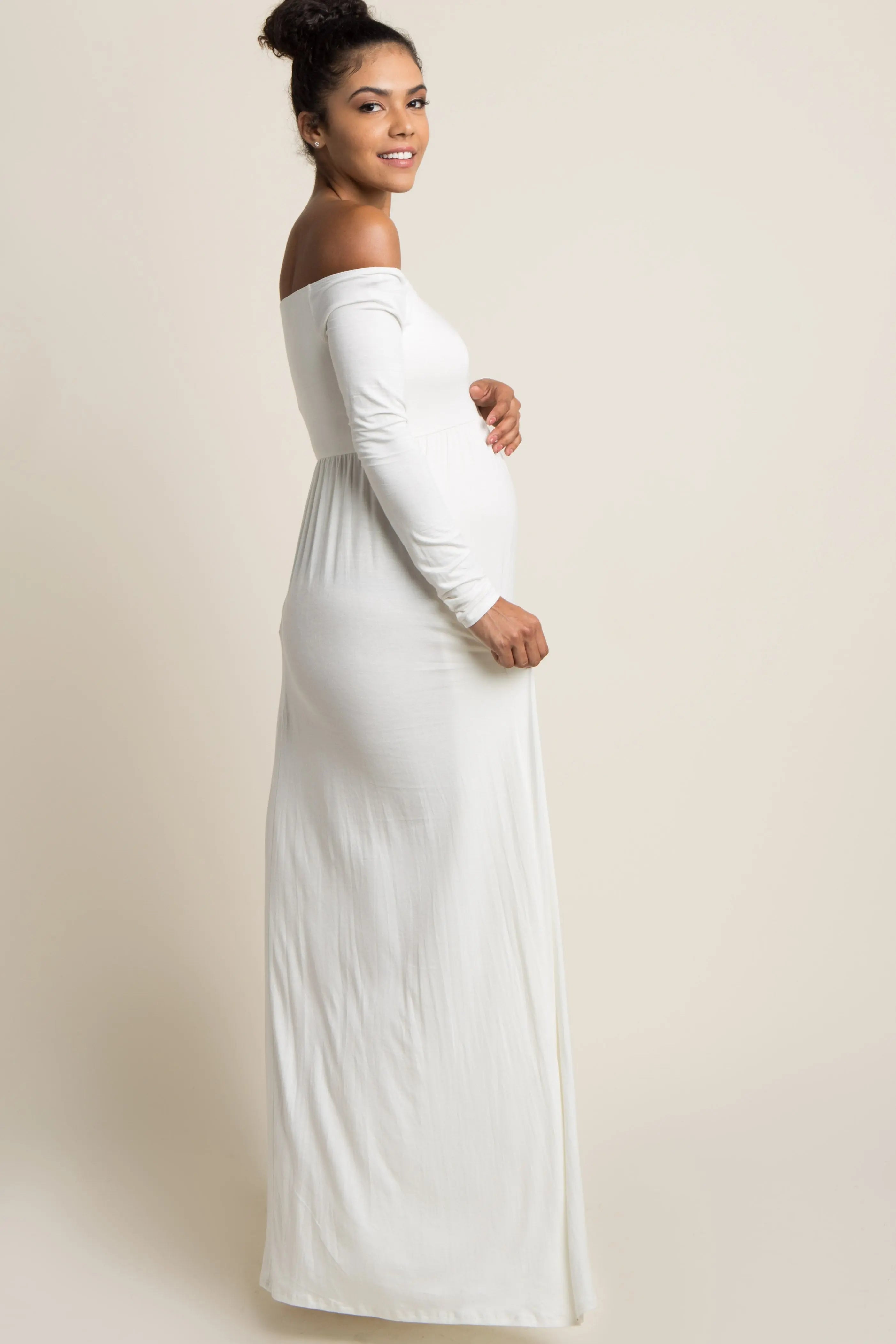 PinkBlush Tall Ivory Solid Off Shoulder Maternity Maxi Dress PinkBlush