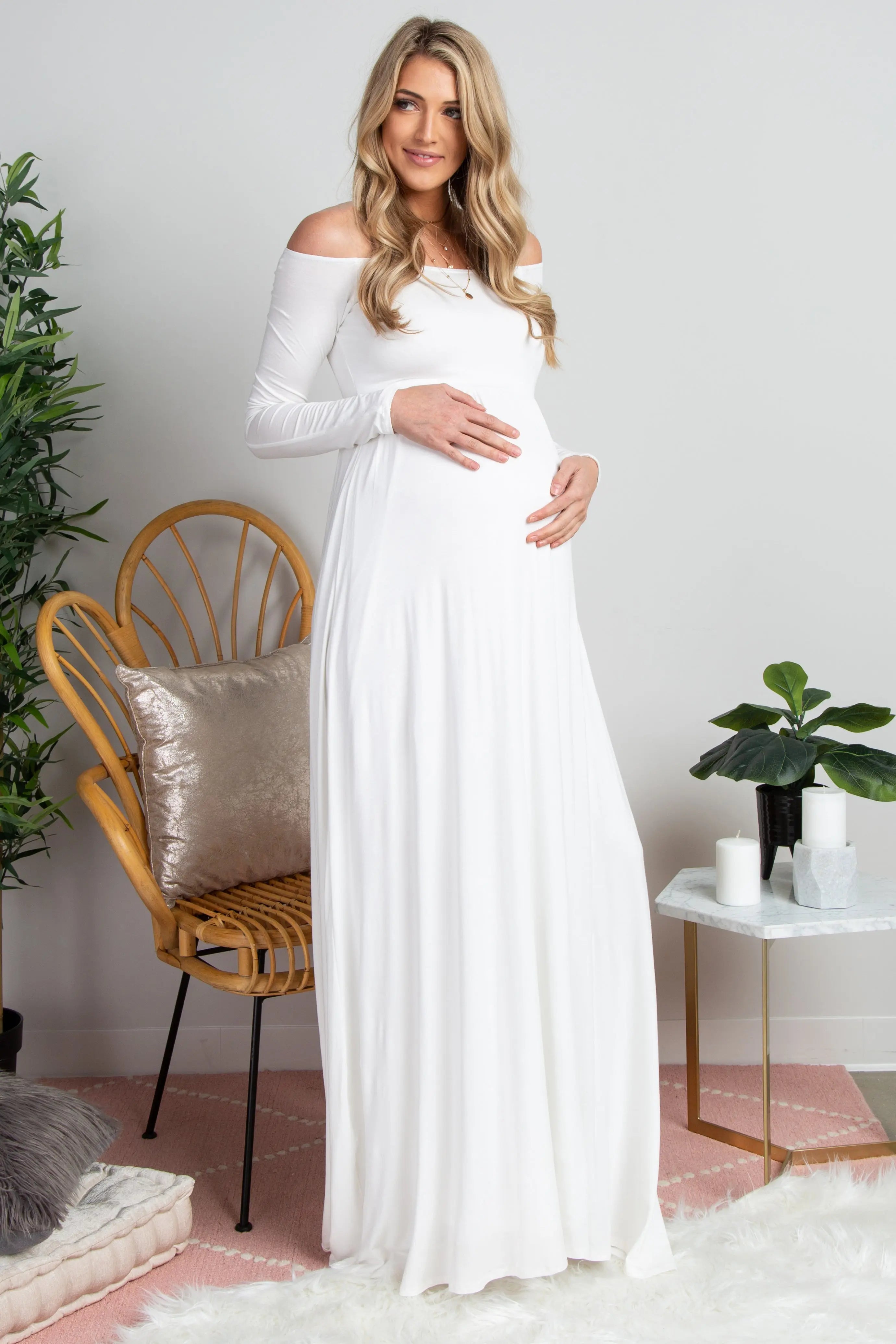 PinkBlush Tall Ivory Solid Off Shoulder Maternity Maxi Dress PinkBlush