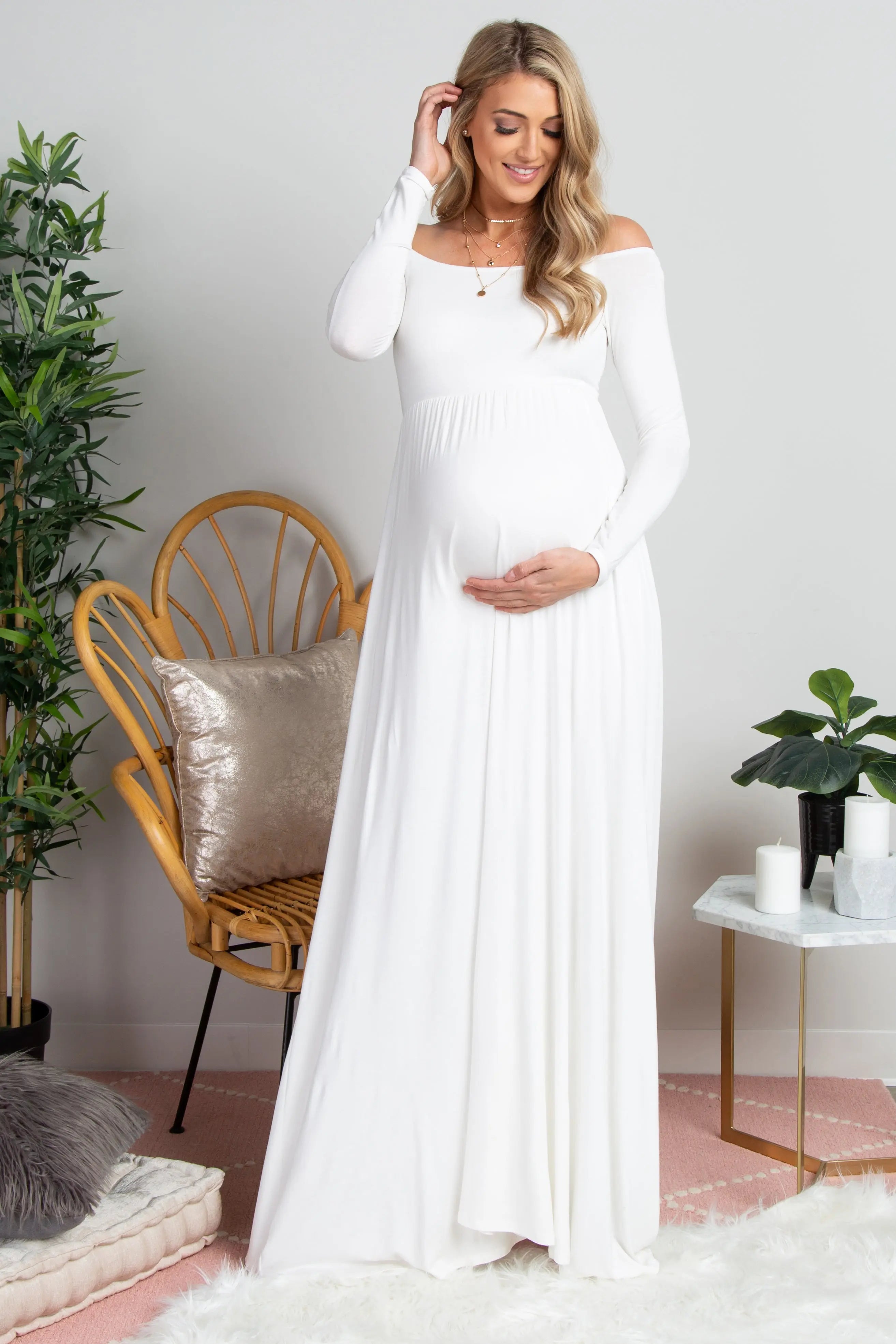 PinkBlush Tall Ivory Solid Off Shoulder Maternity Maxi Dress PinkBlush