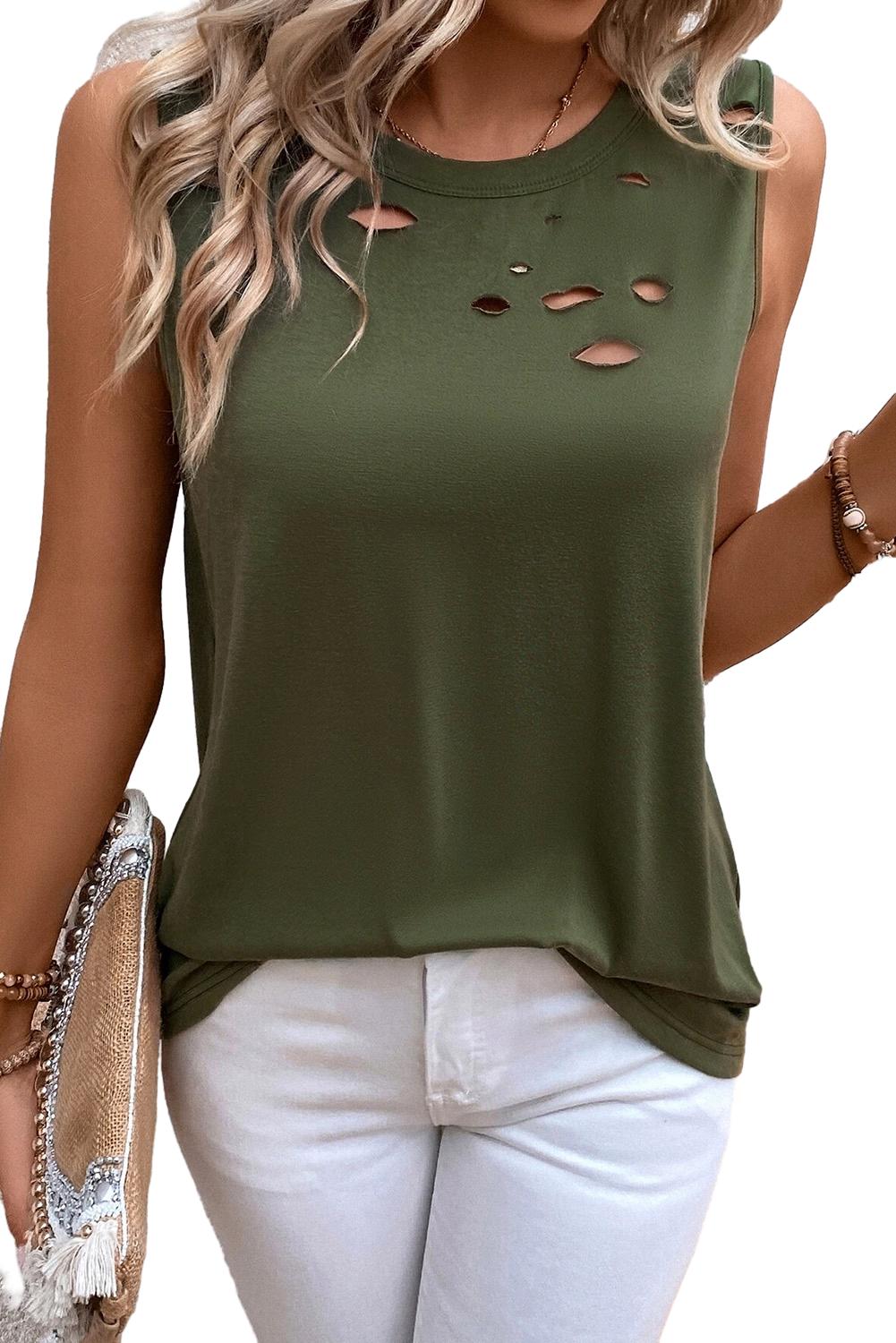 Jungle green distressed crew neck tank top with edgy cutouts