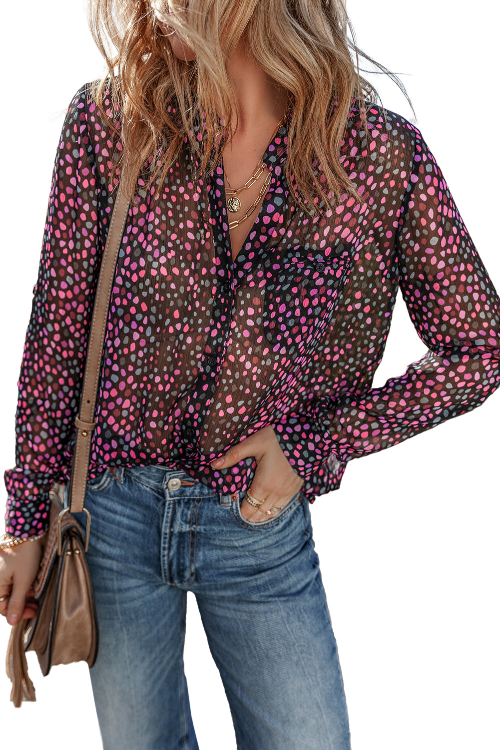 Grape wine polka dot casual button-up shirt