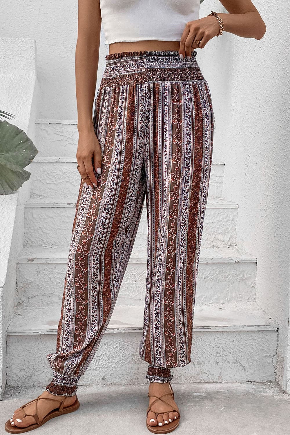 Smocked Printed High Waist Pants.