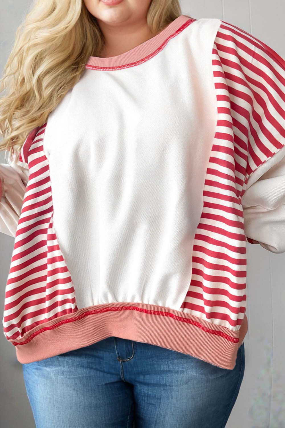Red Stripe Patchwork Color Block Plus Size Sweatshirt Dear-Lover Dropshipping