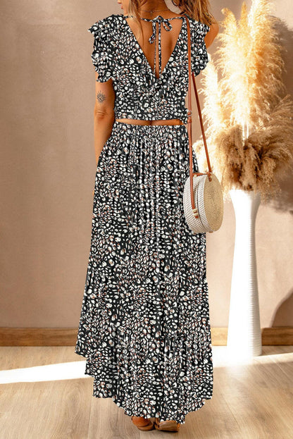 Printed Tie Back Cropped Top and Maxi Skirt Set.