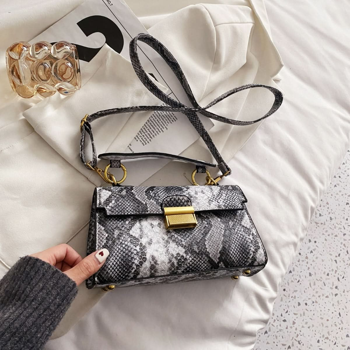 PU Leather Snakeskin Print Crossbody Bag