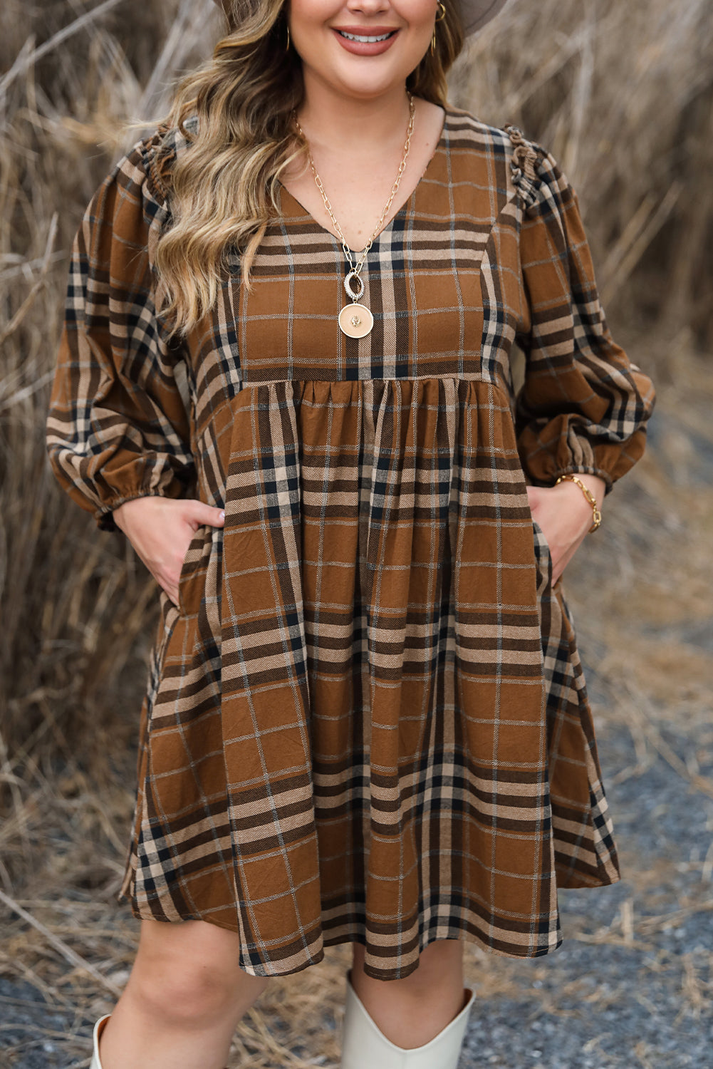 Chic brown plaid plus size babydoll dress with frilled sleeves