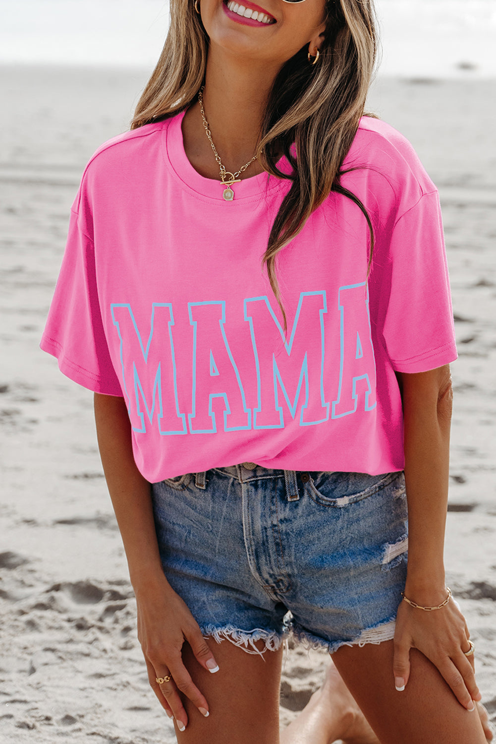 Bright Pink MAMA Letter Graphic Neon T Shirt for Moms