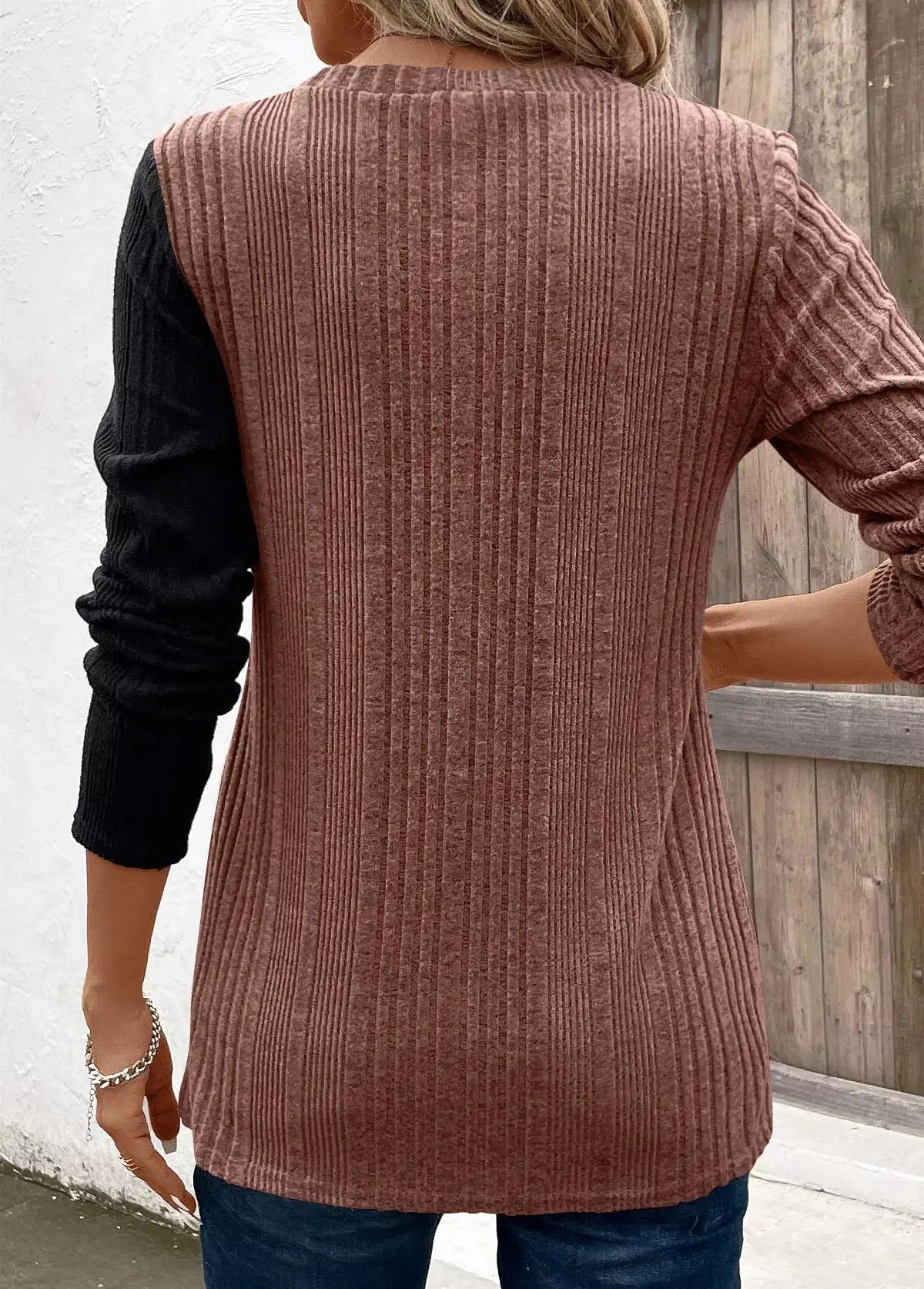 Color Block Ribbed Knit Top With Decorative Buttons Slit Detail Simply Love
