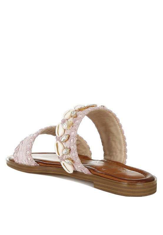 Raffia sandals with shell embellishments