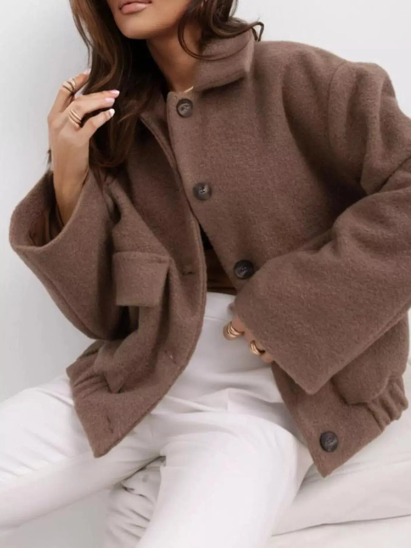 Women Button Down Long Sleeve Outerwear Jacket With Pockets Polyester Simply Love