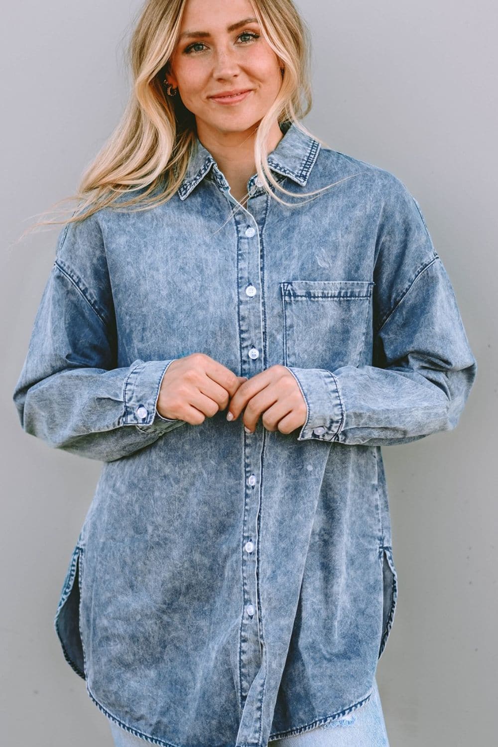 Button Up Dropped Shoulder Denim Top.