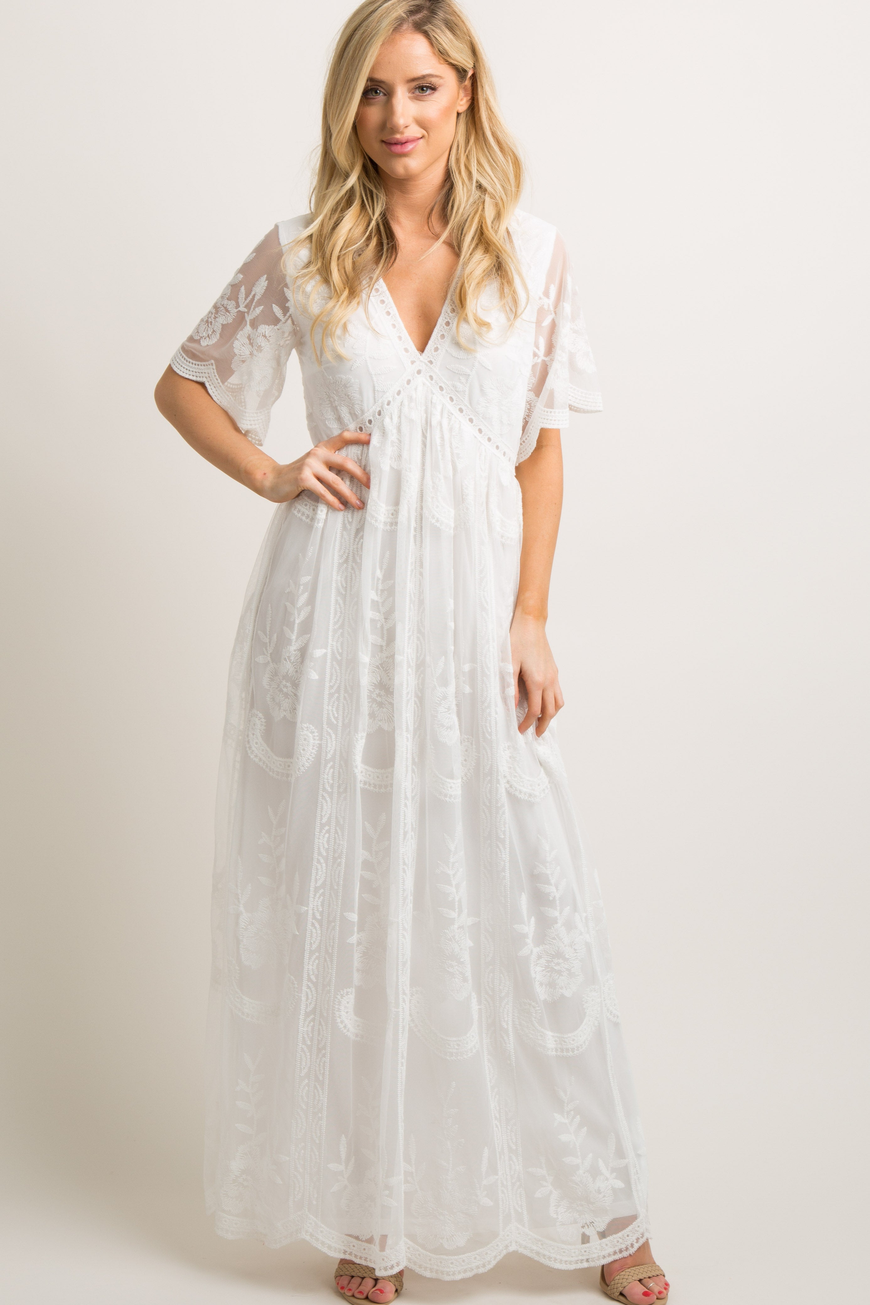 PinkBlush PinkBlush White Lace Mesh Overlay Maxi Dress - Main Product Image