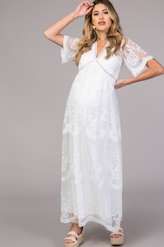 PinkBlush PinkBlush White Lace Mesh Overlay Maternity Maxi Dress - Main Product Image