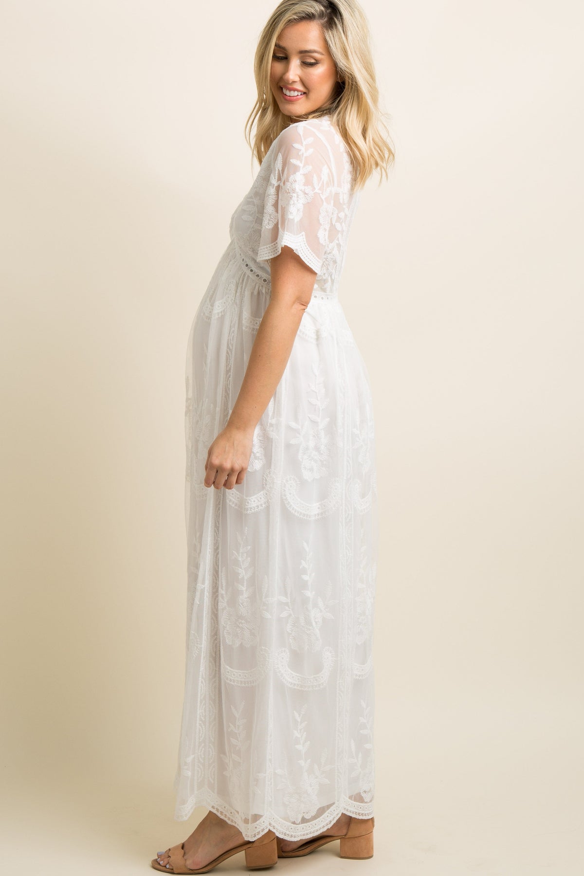 mesh overlay maternity dress PinkBlush White Lace Maxi With Flutter The long sleeves and COLOR:Heather Grey David’s Bridal Off-the-Shoulder Satin Dress100