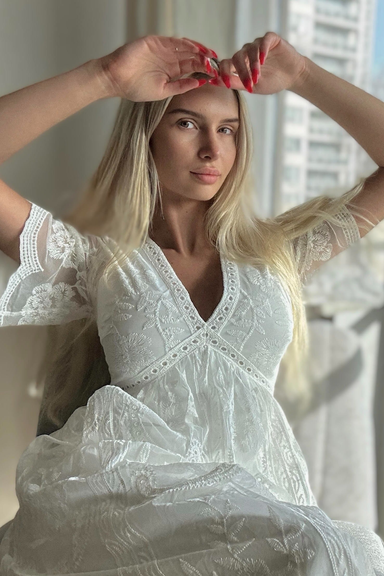 PinkBlush PinkBlush White Lace Mesh Overlay Maxi Dress - Close Up