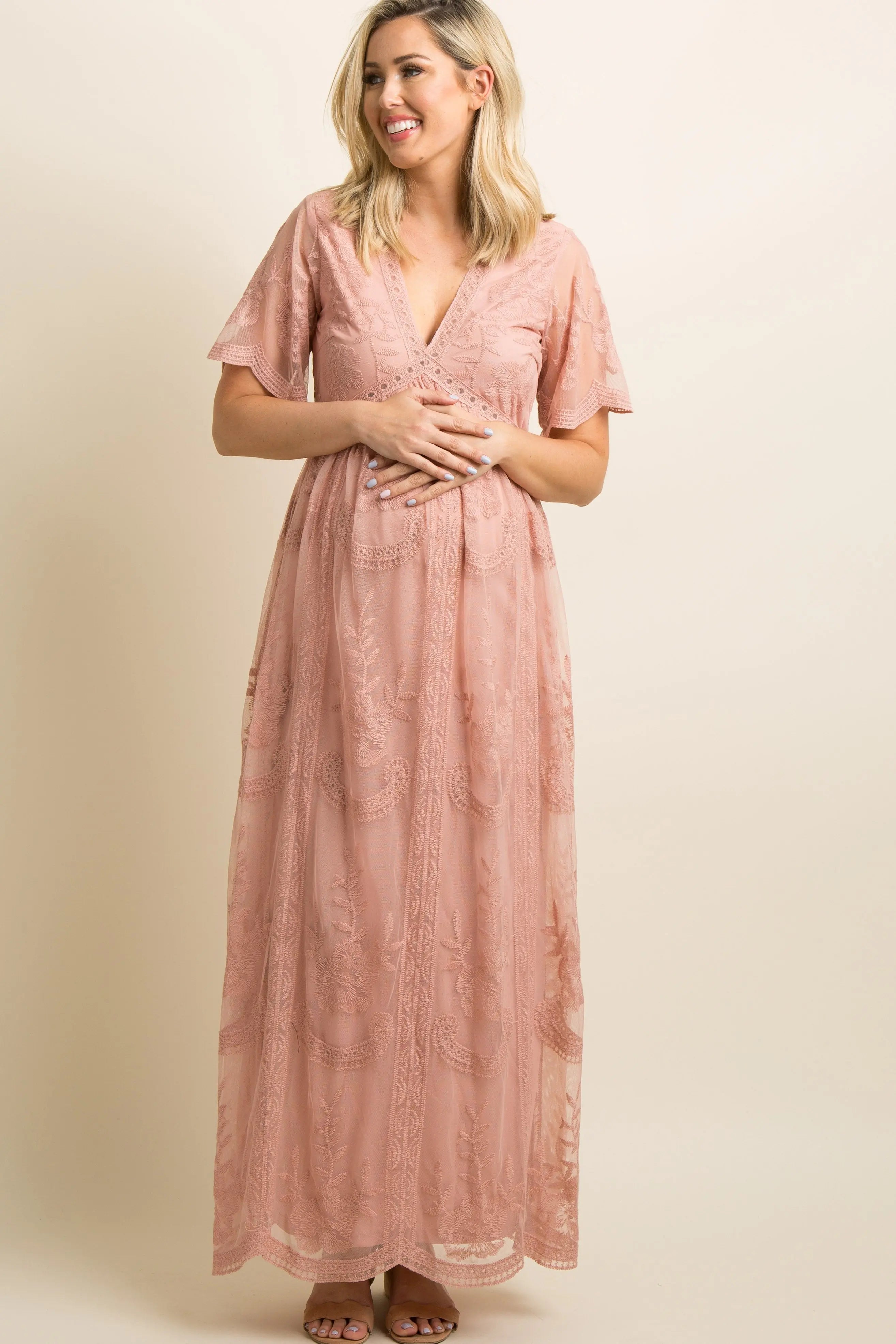 Light Pink Lace Mesh Overlay Maternity Maxi Dress With Flutter Sleeves PinkBlush