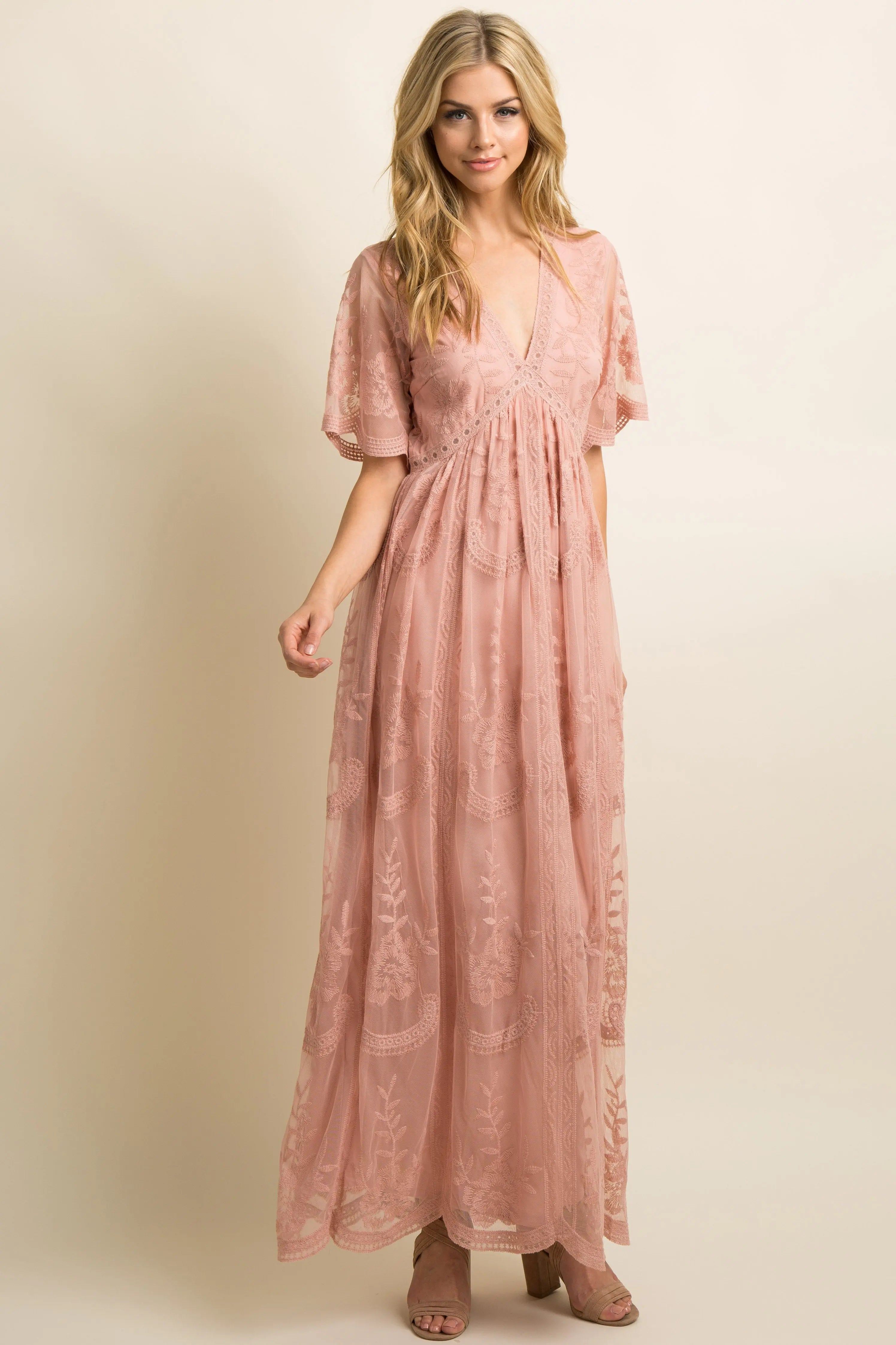 Light Pink Lace Mesh Overlay Maternity Maxi Dress With Flutter Sleeves PinkBlush