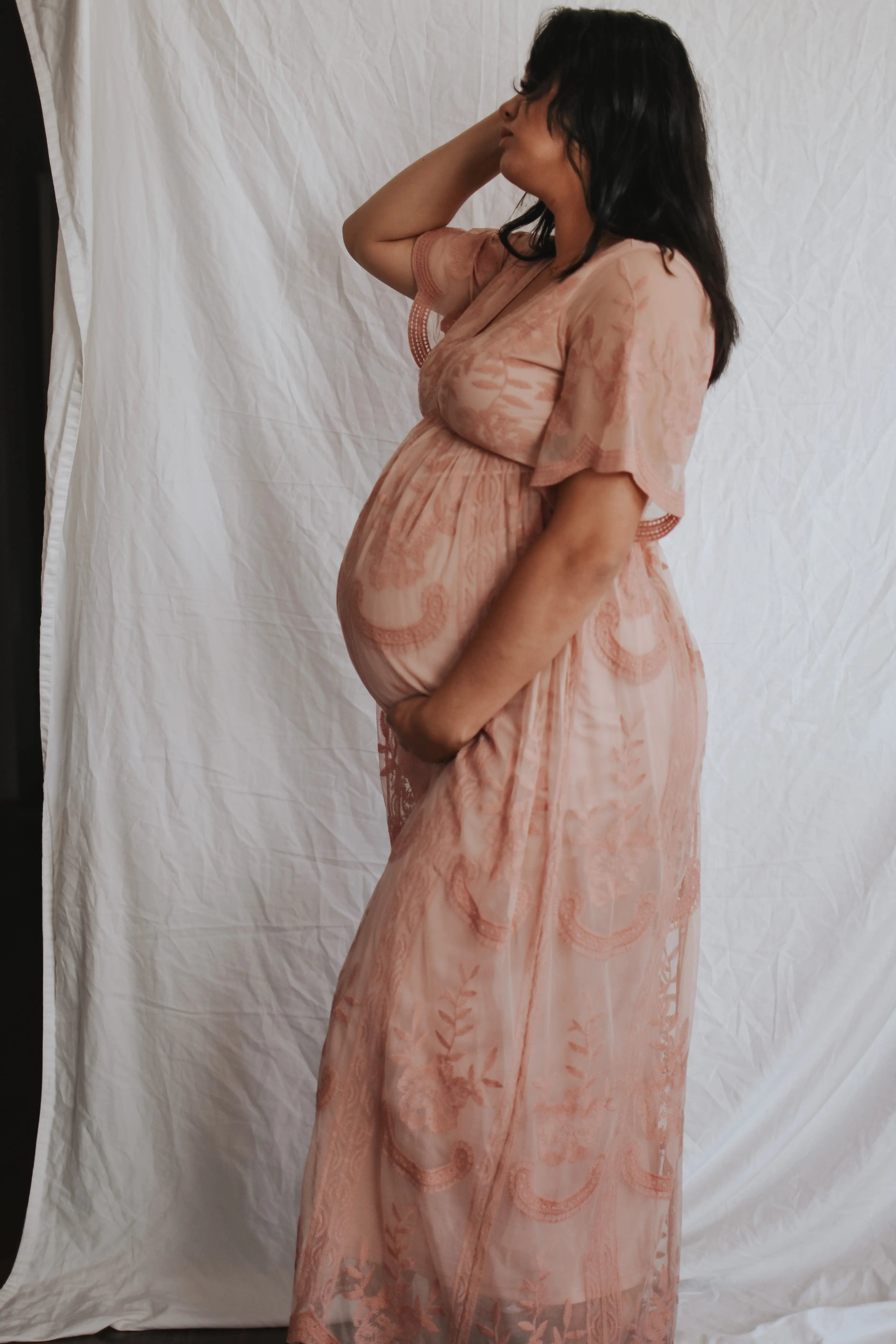 Light Pink Lace Mesh Overlay Maternity Maxi Dress With Flutter Sleeves PinkBlush