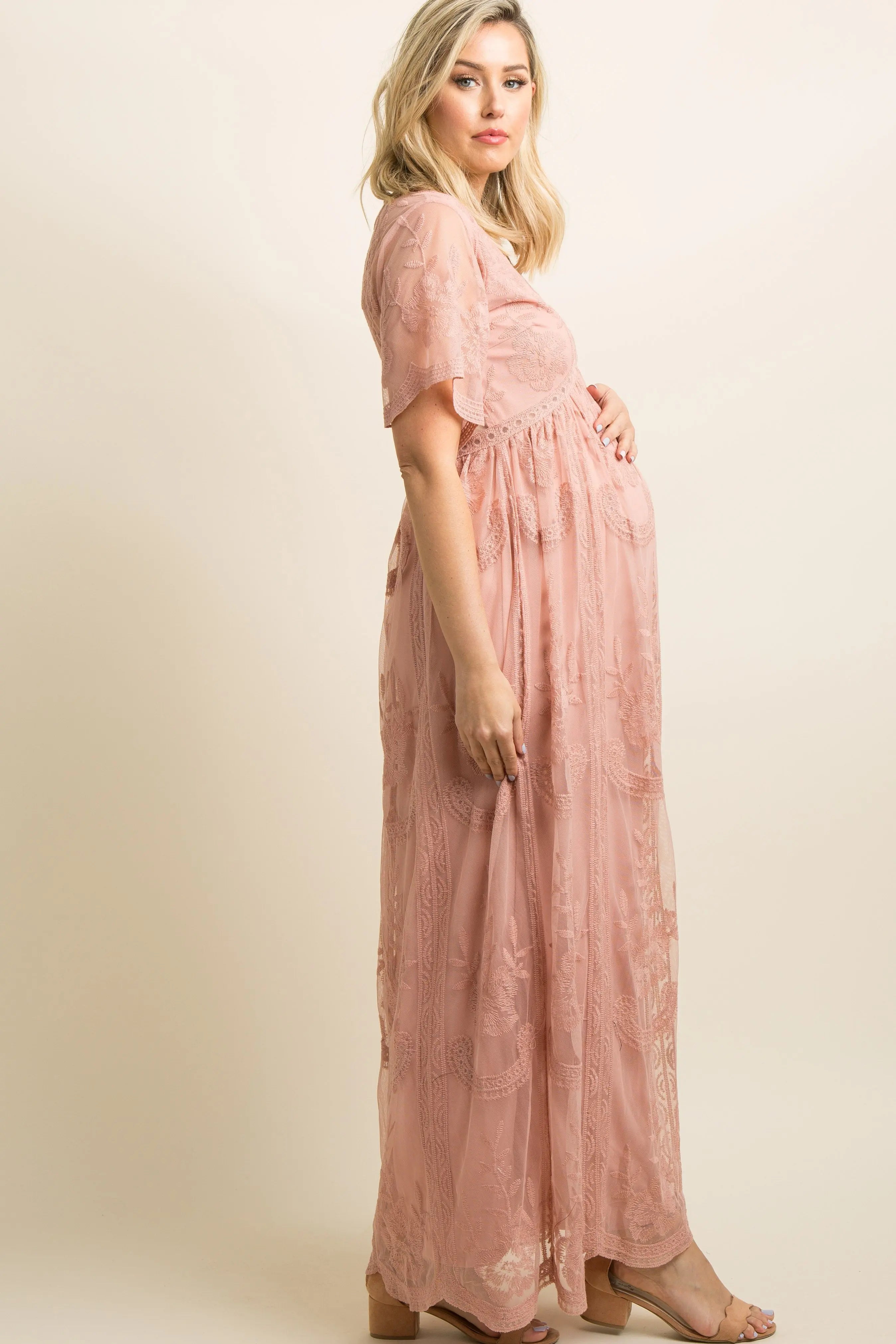 Light Pink Lace Mesh Overlay Maternity Maxi Dress With Flutter Sleeves PinkBlush