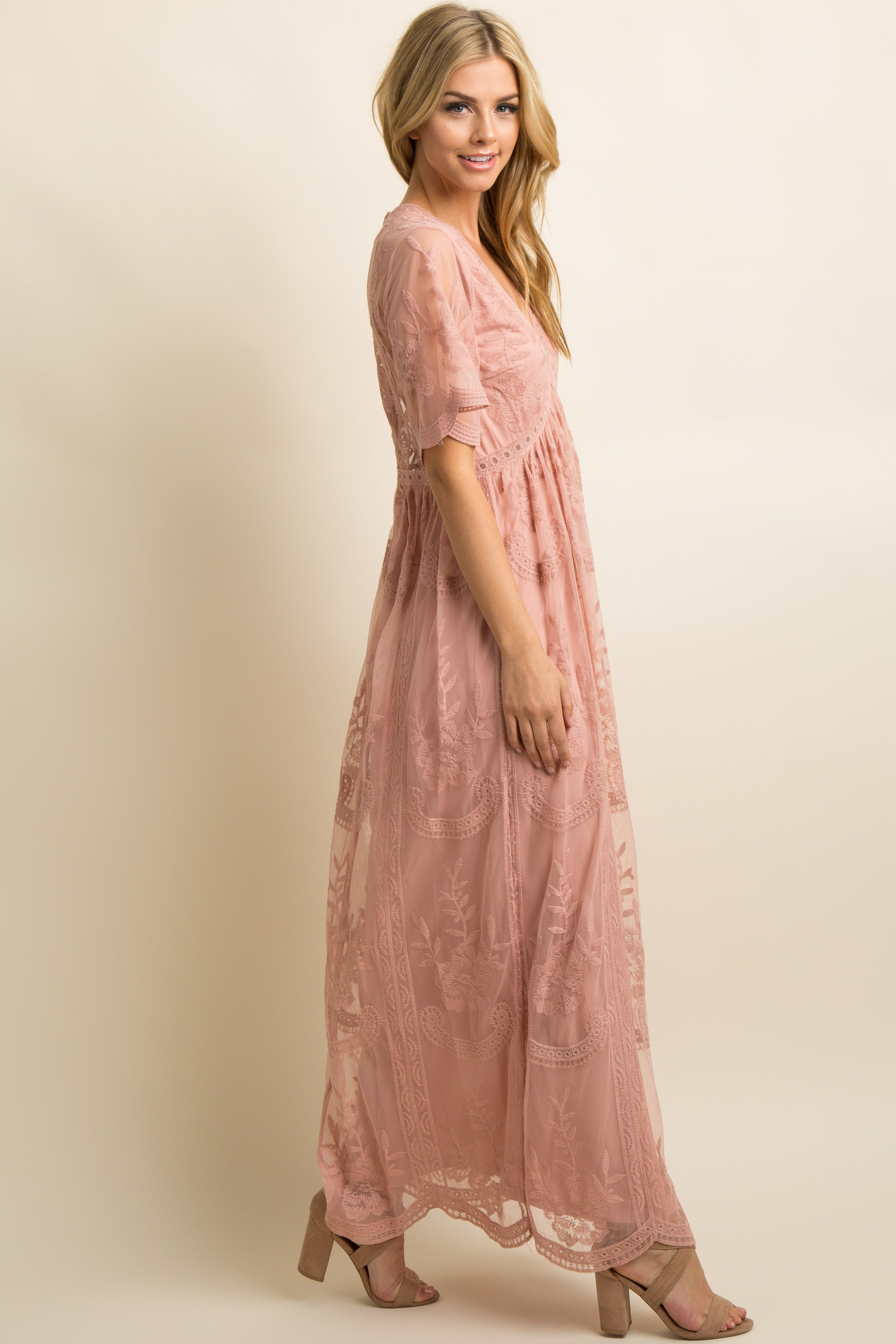 Light Pink Lace Mesh Overlay Maxi Dress With V Neck PinkBlush