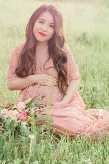 Light Pink Lace Mesh Overlay Maternity Maxi Dress With Flutter Sleeves PinkBlush