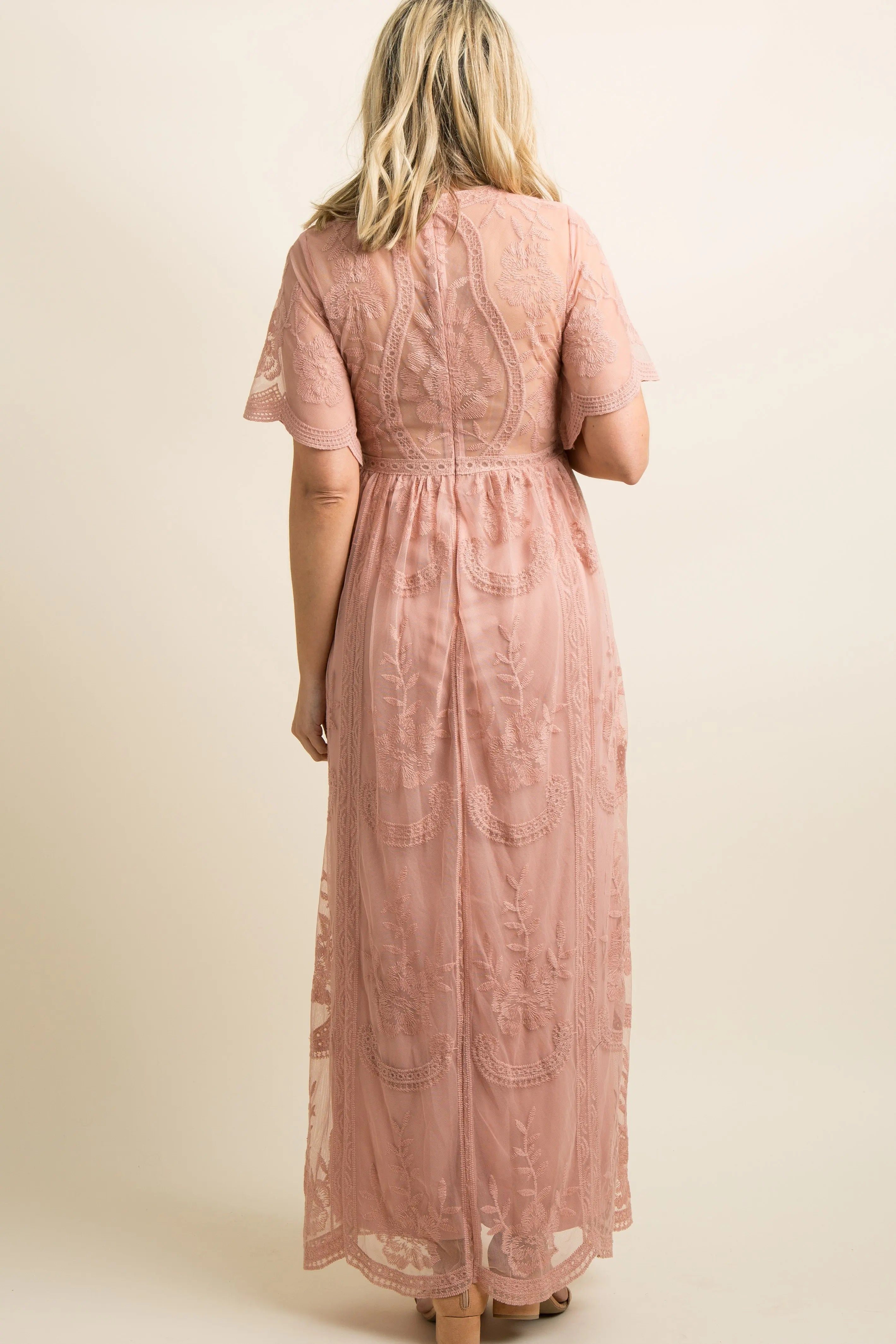 Light Pink Lace Mesh Overlay Maternity Maxi Dress With Flutter Sleeves PinkBlush