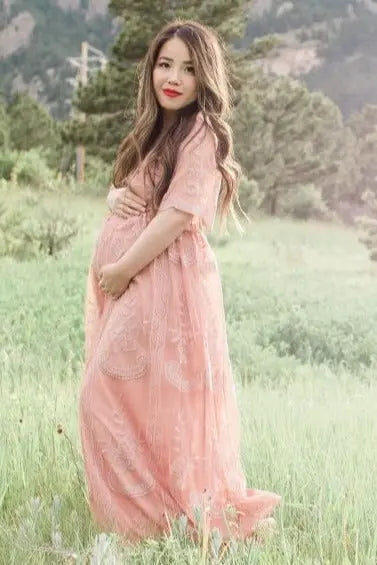 Light Pink Lace Mesh Overlay Maternity Maxi Dress With Flutter Sleeves PinkBlush