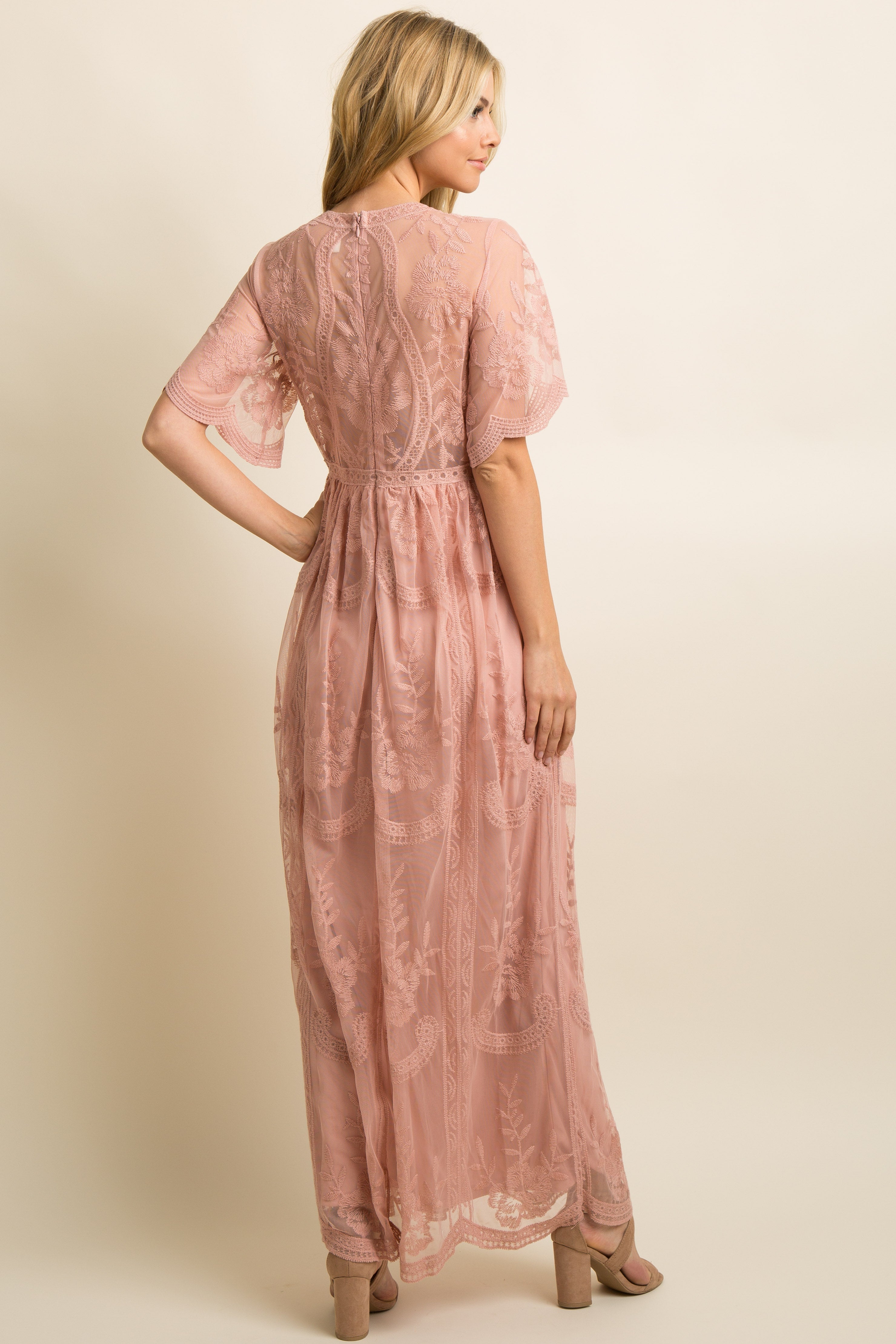 Light Pink Lace Mesh Overlay Maxi Dress With V Neck PinkBlush