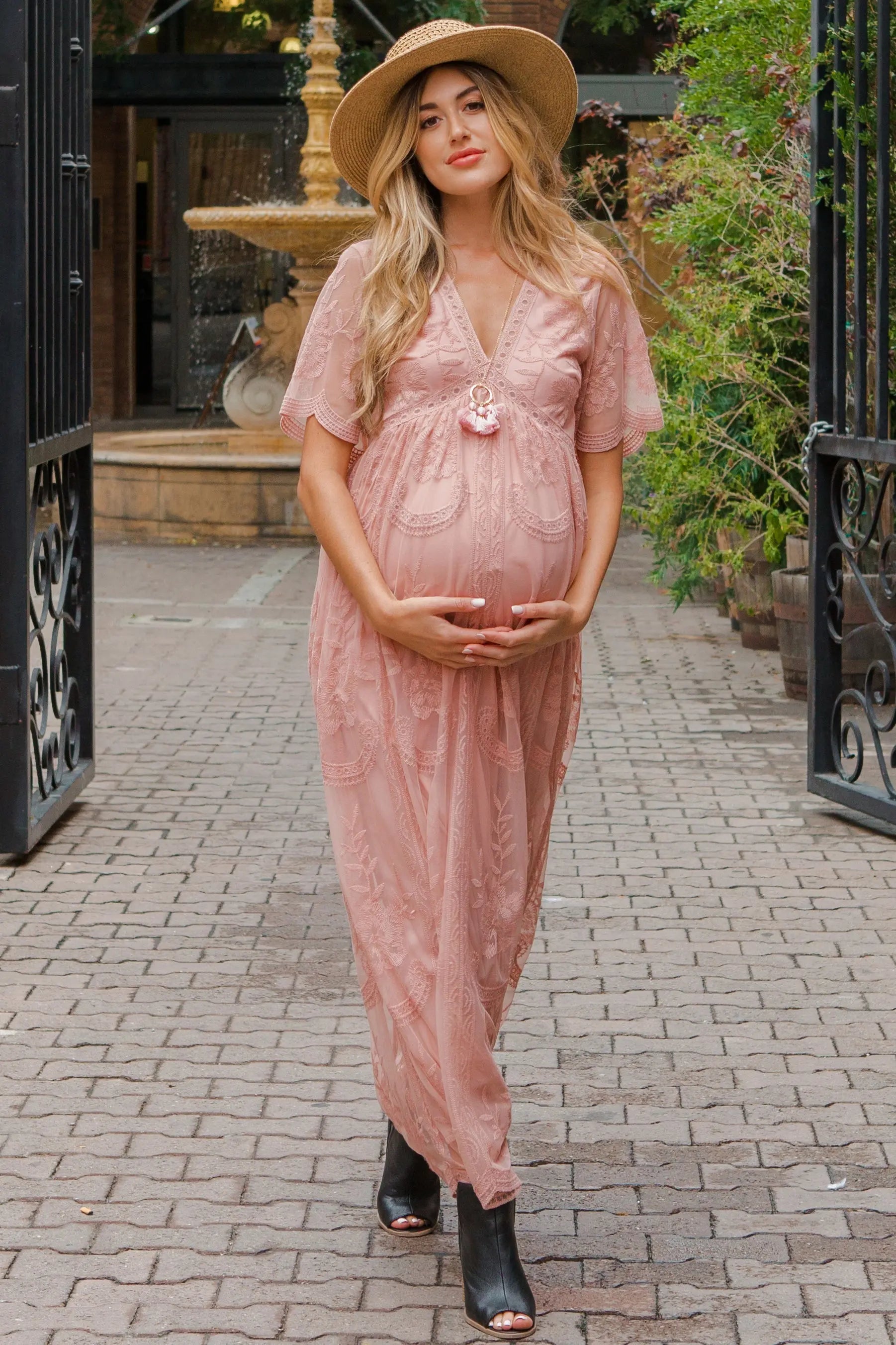 Light Pink Lace Mesh Overlay Maternity Maxi Dress With Flutter Sleeves PinkBlush