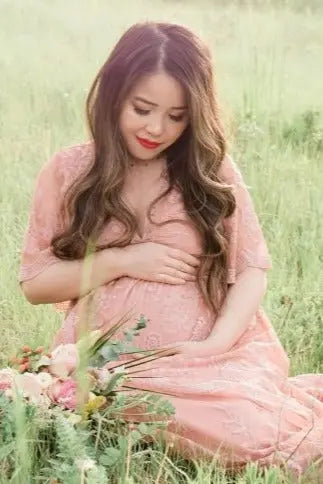 Light Pink Lace Mesh Overlay Maternity Maxi Dress With Flutter Sleeves PinkBlush