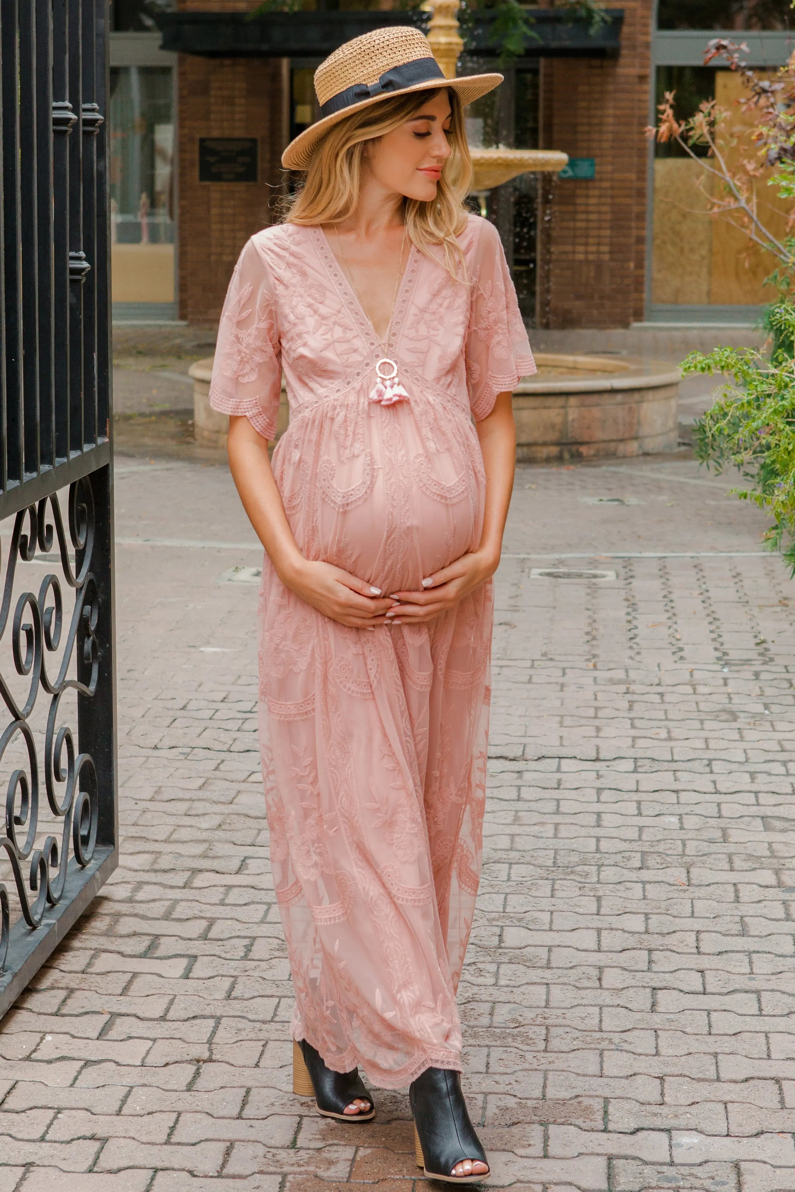 Light Pink Lace Mesh Overlay Maternity Maxi Dress With Flutter Sleeves PinkBlush